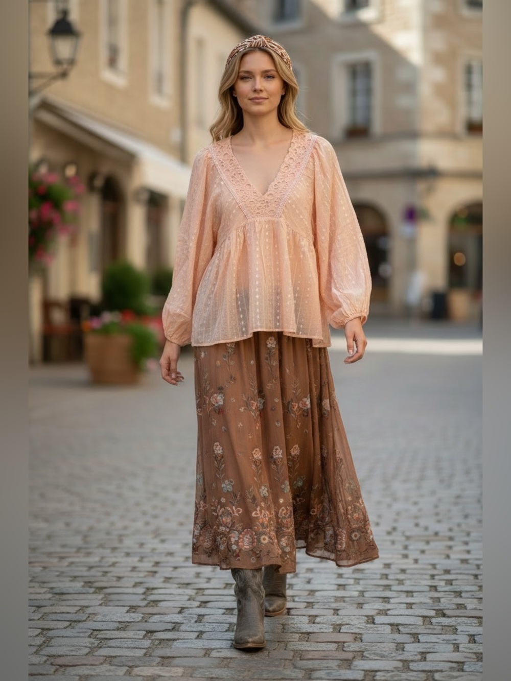 240 • Peach Pink Bohemian Embroidered Lace V-Neck Blouse